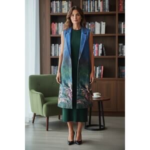 FDJ Long Sleeveless Vest Faux Suede Scuba Blue Green Print Size Large Side Vents